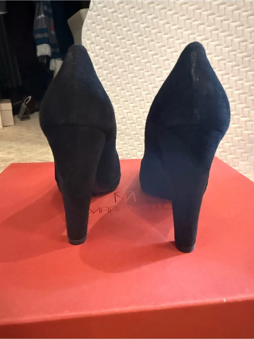 Prada Black Suede Pointed-Toe High Heels with Burgundy Interior